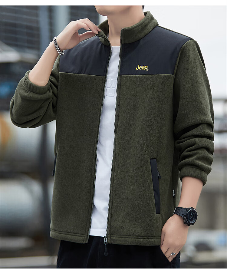 JEEP Men's Autumn Winter Fleece Lined Thickened Executive Casual Jacket Dark Army Green 2XL 2