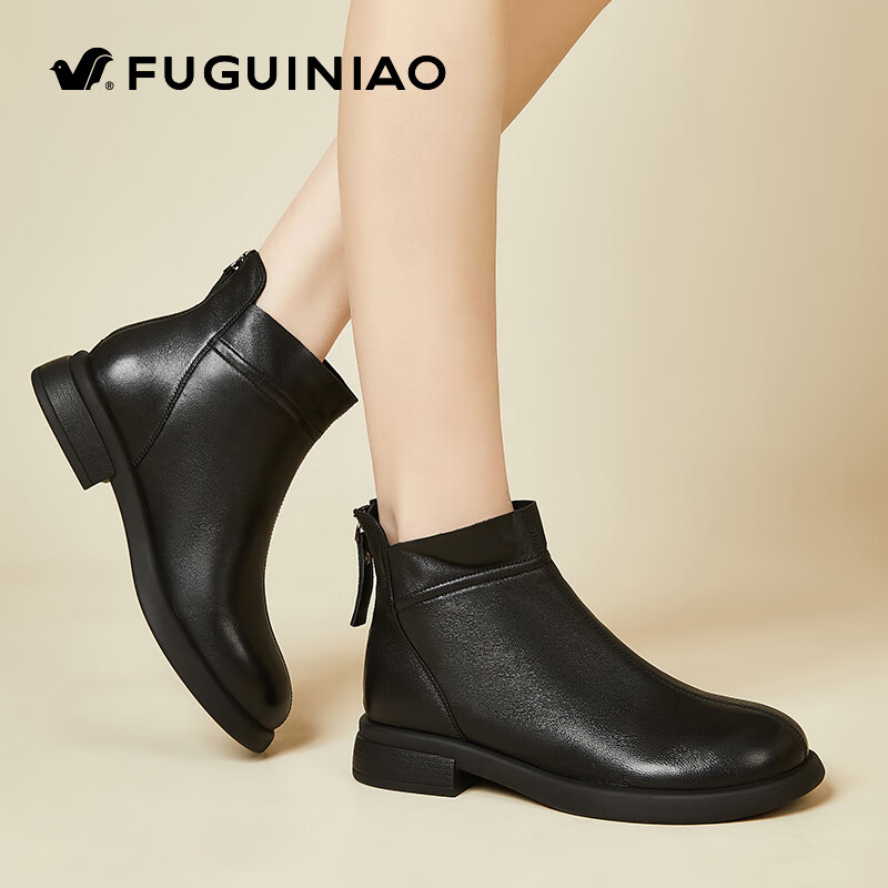 Fugui Bird Genuine Sheepskin Leather Ankle Boots Women Autumn Winter Fleece Lined Warm Fashion Boots Round Toe Chunky Heel Black Size 36