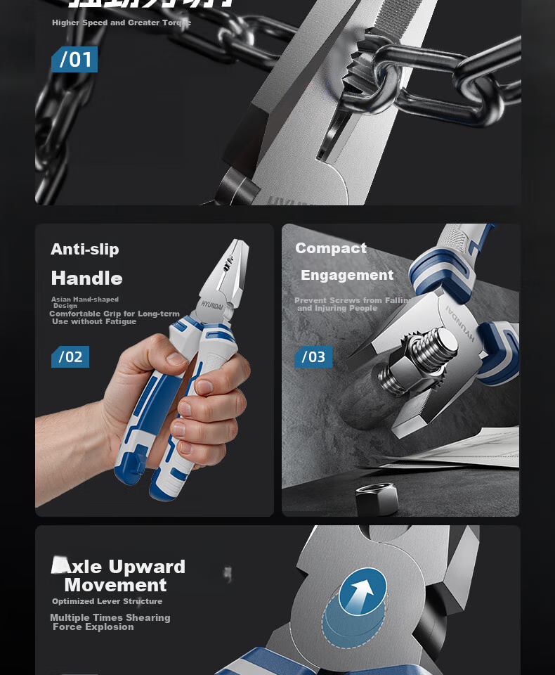 HYUNDAI Korean Modern Tiger Pliers, Wire Cutters, Household Multi-Functional Cutting Pliers, Tools, Flat-Nose Pliers, 6 Inches, 45 Steel 7