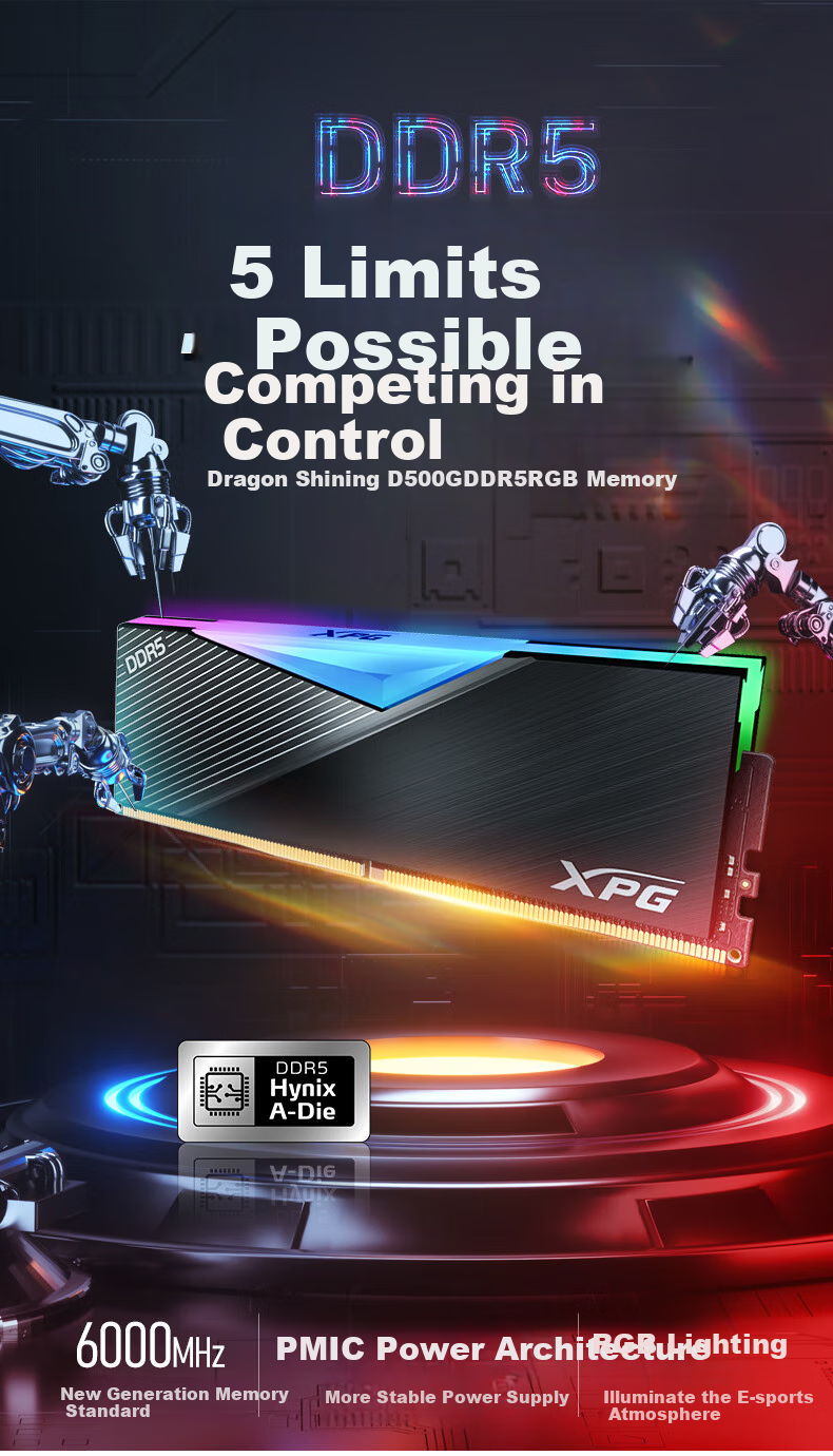 ADATA 32GB (16GB X 2) Kit, DDR5 6000 Desktop Memory Module, Hynix A-Die Chips, XPG Longyao D500G (Black), CL26 1