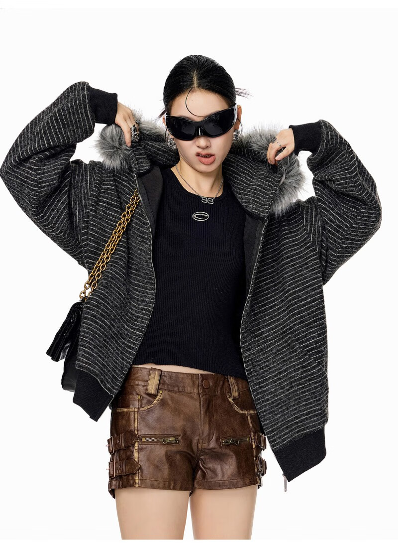 ICH MODE Women's American Style Hooded Striped Jacket with Fur Collar Autumn Winter New Zip-up Sweatshirt Cardigan Black M 12