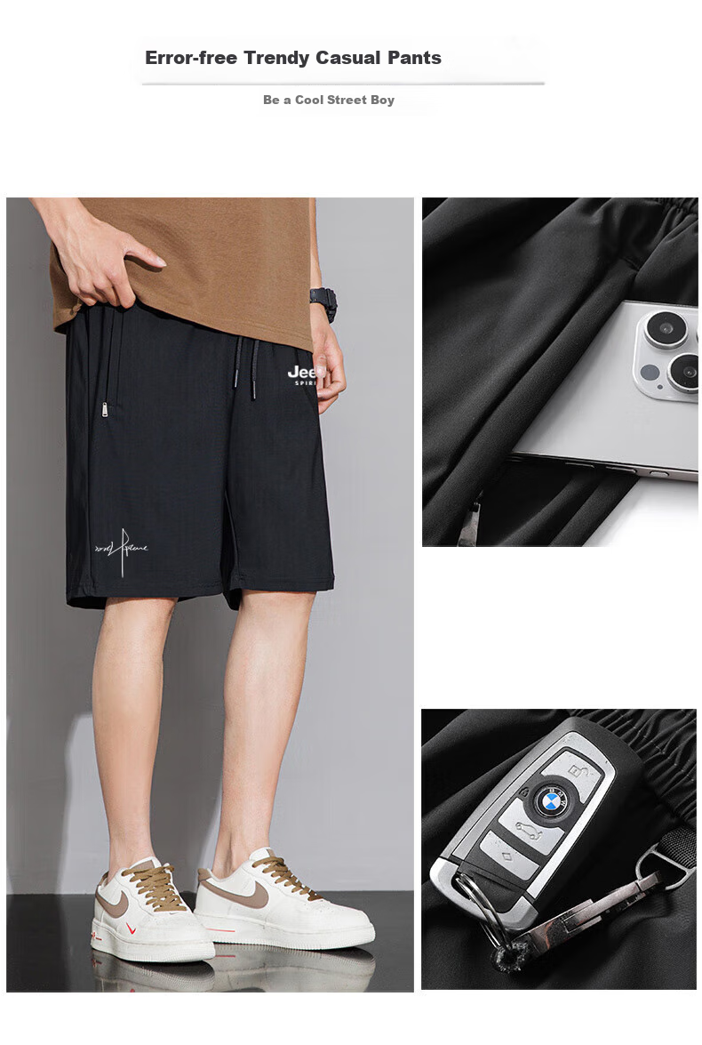 JEEP SPIRIT Men's Shorts, Summer New Style, Ice Silk Five-Point Pants, Loose-Fitting Sports Large Size Beach Shorts, Black, XL 4