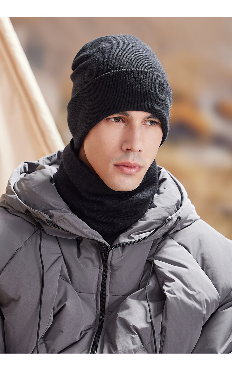 JEEP Men's Autumn Winter Knitted Hat Fleece Lined Warm Neck Warmer Thickened Woolen Beanie Ear Protection Cold Resistant Hat Black 8