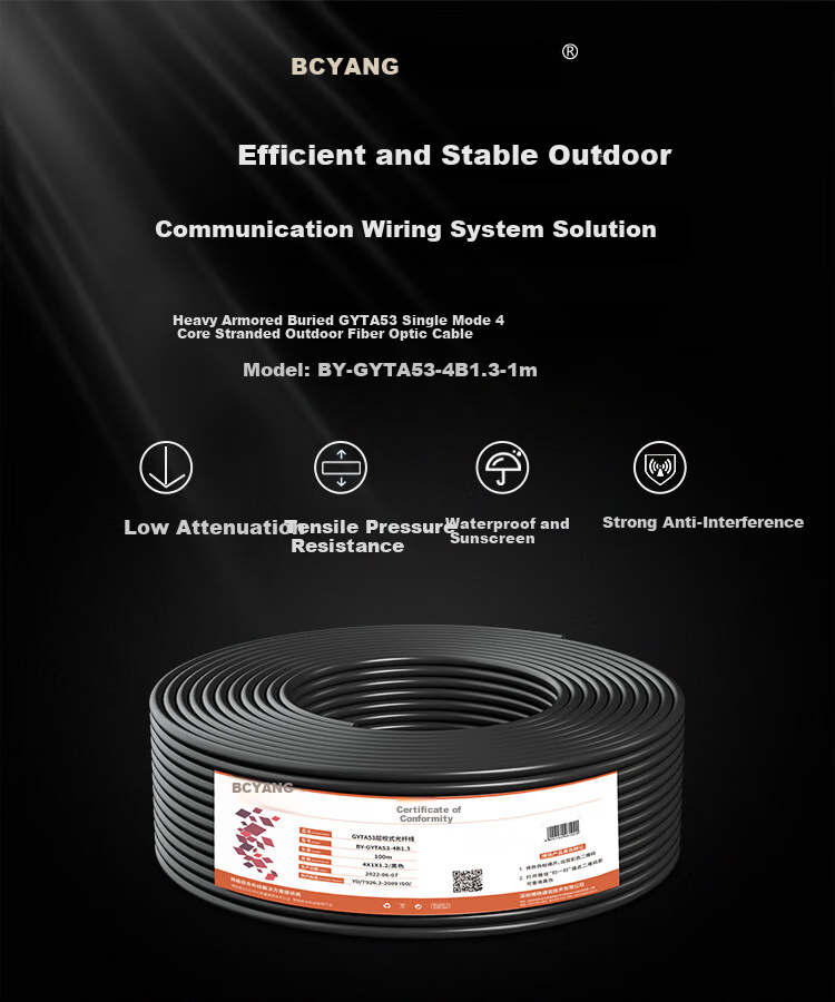 BOYANG GYTA53 Heavy Armor Buried Single-Mode Outdoor Optical Cable, 4-Core Optical Cable, Four-Core Twisted Pair Direct-Buried Armored Communication Fiber Optic Cable, 1 Meter, BY-GYTA53 1