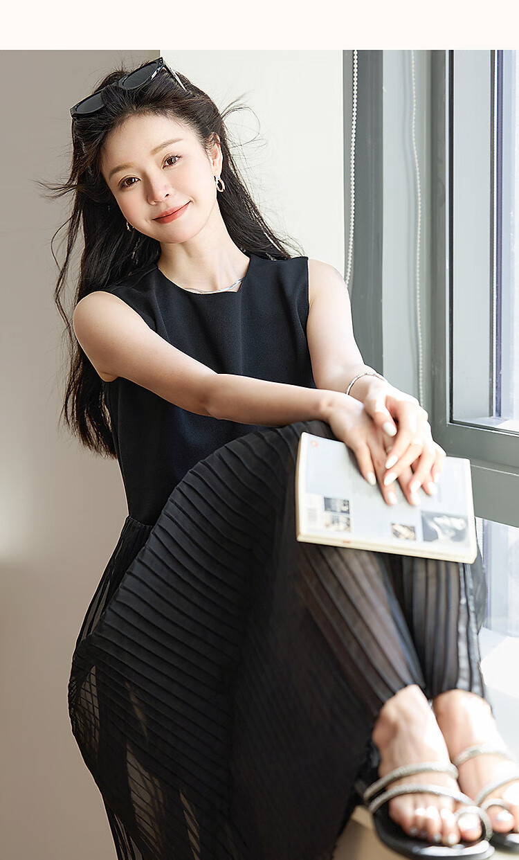 Demana Irregular Waistline Design Spring Literary Pleated Sleeveless Pleated Slimming Women's Dress 7