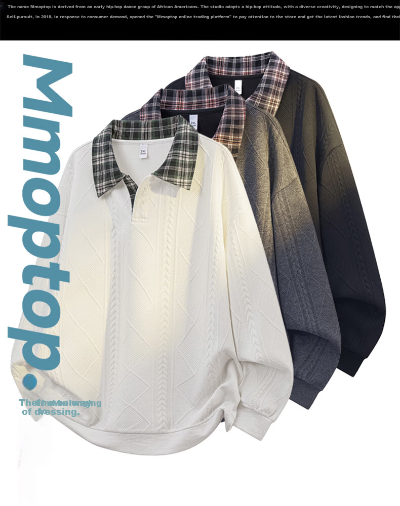 MMOPTOP Wheat Pattern Plaid Polo Collar Sweatshirt, Spring And Autumn Men's Patchwork Comfortable Breathable Inner Layer Top, MWY19 Black L 1