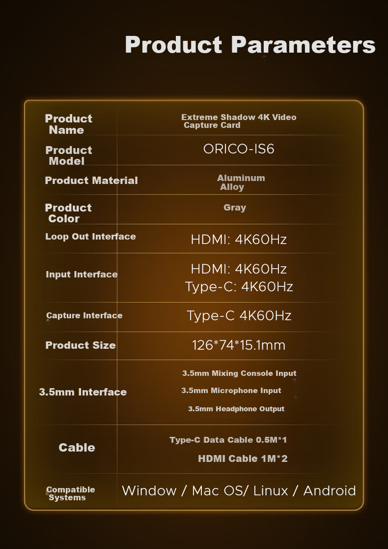 ORICO HDMI Video Capture Card, 4K 60Hz HD Live Streaming, Compatible with Sony And Canon Cameras, DSLR, PS5/Switch/Xbox/Gaming Phones/Computers/Laptops Capture Device 16