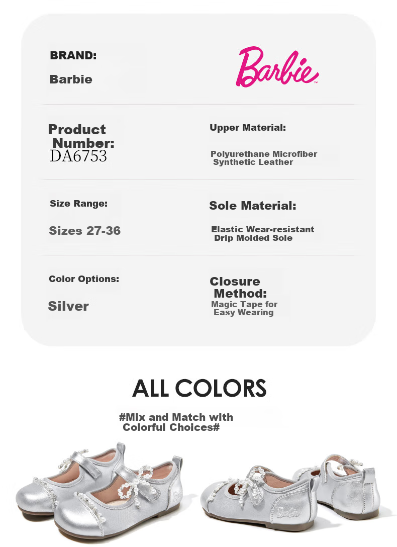 Barbie Girls' Princess Shoes, Spring And Autumn Performance Shoes, Student Soft-Soled Dance Shoes, Leather Shoes DA6753, Silver, Size 28 4