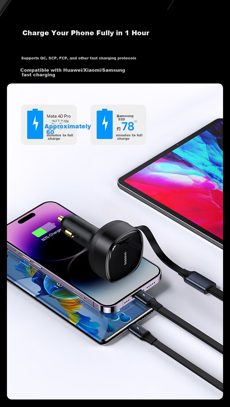 Baseus Car Charger And Cigarette Lighter Dual-Port Super Fast Charging Car Charger, Type-C with Built-In Cable, 60W 9