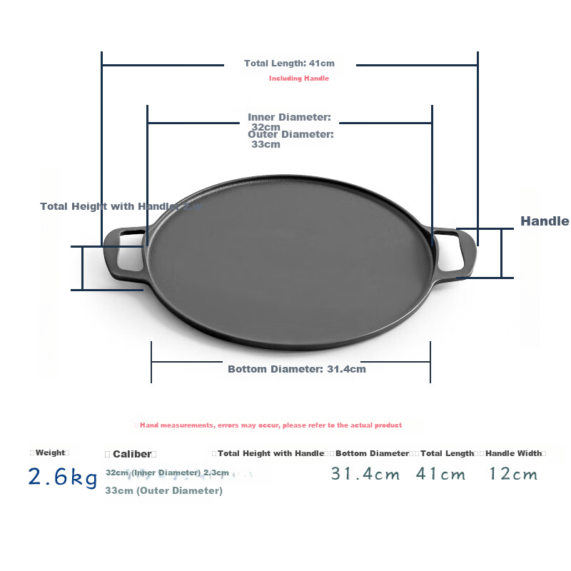 Dianjiang Non-Coated Flat-Bottom Pan, Iron Griddle, 32cm Grill Pan, Cast Iron Skillet, Egg Frying Pan, Flat-Bottom Pan for Chicken Wings