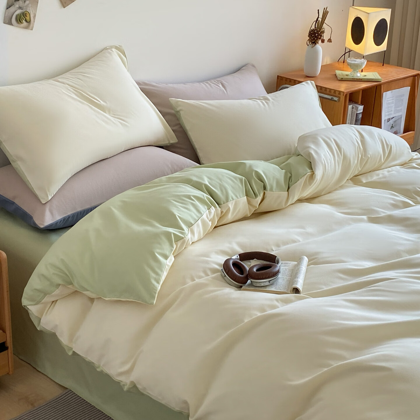 Hodo Skin-Friendly Four-Piece Bedding Set, Sheet, Pillowcases, Duvet Cover, Home Dormitory Double Extra Large 220x240cm White Green for 1.8/2m Bed