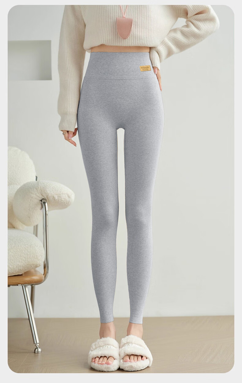 LangSha Women's Cotton High-Waist Thermal Fleece-Lined Ribbed Leggings, Solid Color, Thin Gray Tights for Spring and Autumn 22