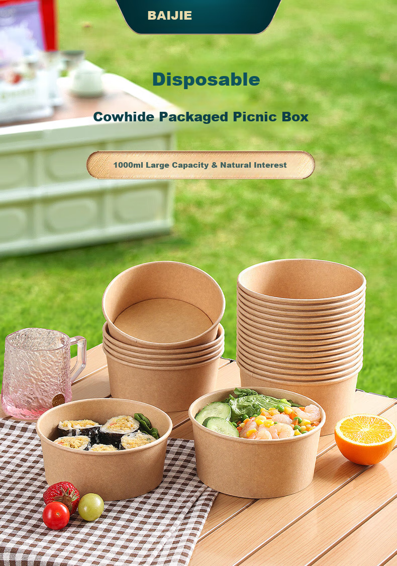 BJ Eco-Friendly Disposable Food Containers, Round, 1000ml*20 Sets, Thickened, for Takeout, Camping, Packaging, Soup Bowls 1