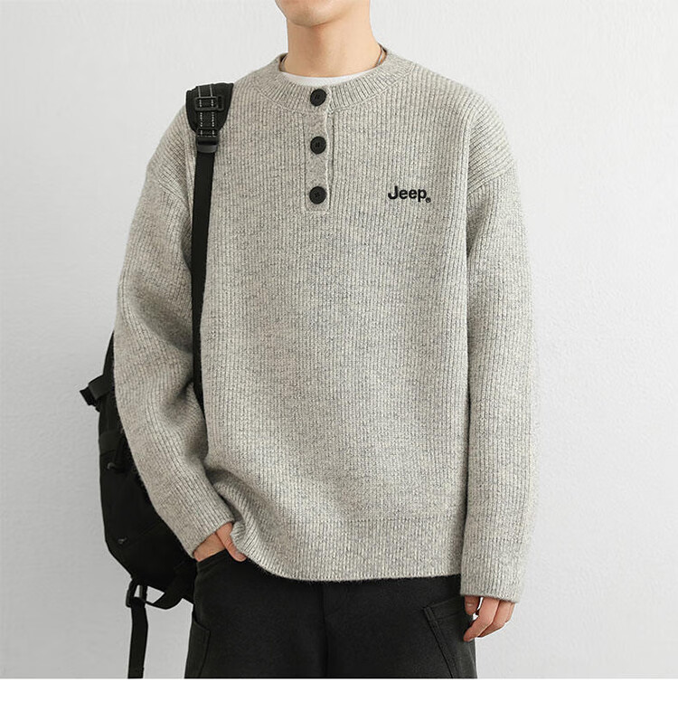 JEEP Men's Winter Sweater Thickened Warm Knitted Shirt Light Gray XL 6