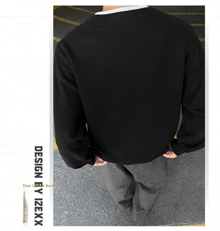 IZEXX Faux Two-Piece Henley Crewneck Sweatshirt for Men, Autumn Season, Simple Versatile Loose Base Layer Top JW19 Black 2XL 7