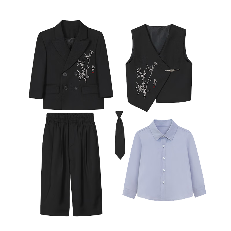 LUOBOBEIBEI Children's Suit New Chinese Style Boys' National Style Vest Flower Boy Formal Dress Boys' Performance Outfit Black Five-Piece Set Size 150