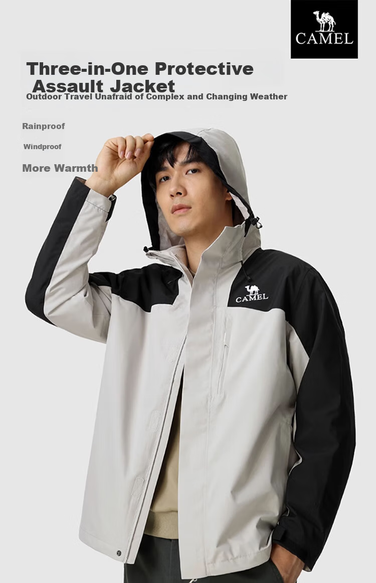 CAMEL Waterproof Three-In Jacket Set for Couples, Style 7127BX Black, Men's M Size 1
