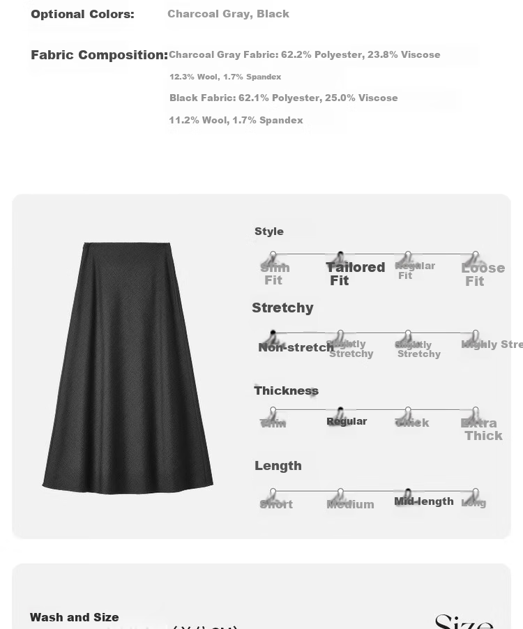 Sentubila Spring And Summer Wool Blend Skirt for Women with Elastic Waist, Slim Fit, Draping A-Line Skirt with Small Wavy Hem, Charcoal Gray, Size L 8
