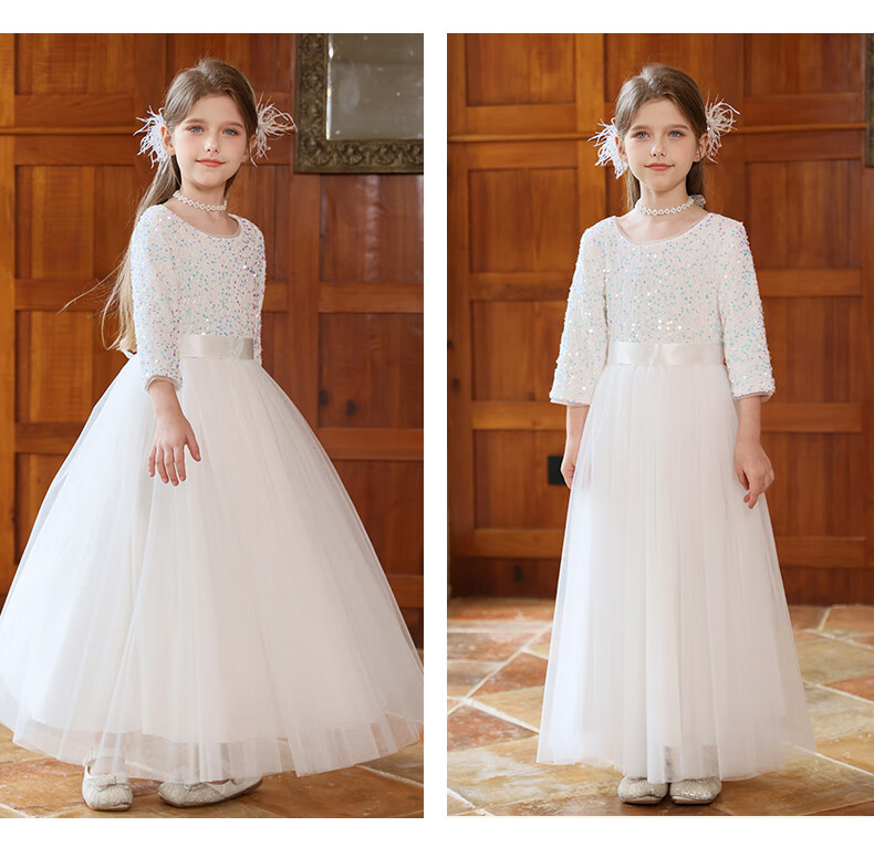 Yinuofang Girls' Performance Dress White Long Skirt Singing Dance Competition Host Dress Birthday Flower Girl Wedding Choir Dress 3