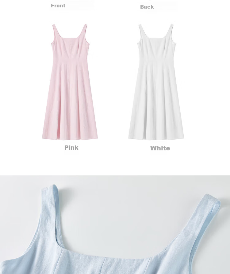 Shangdu Bila 100% Cotton A-Line Dress Women Summer Slim Waist Spaghetti Strap Square Neck Casual Mid-Length Dress 24
