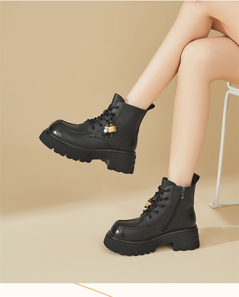 DAPHNE Women's Platform Martin Boots British Style Fleece-lined Versatile Ankle Boots Vintage Motorcycle Boots Black Size 37 1