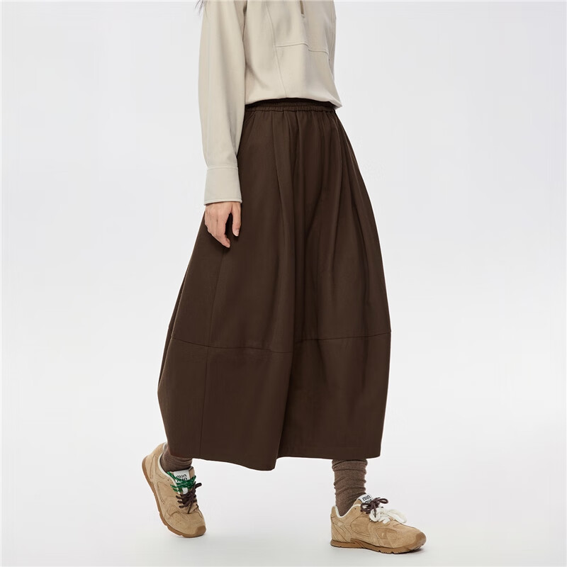 Giordano Women's Mid-Length Peplum Skirt Autumn Winter New Brushed Fabric Elastic Waist Relaxed Fit Skirt 13465866