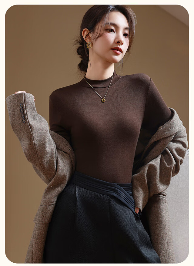 XUEXIMAN Women's Turtleneck Fleece-Lined Thickened Double-Sided Velvet Thermal Layered Top for Autumn and Winter 14