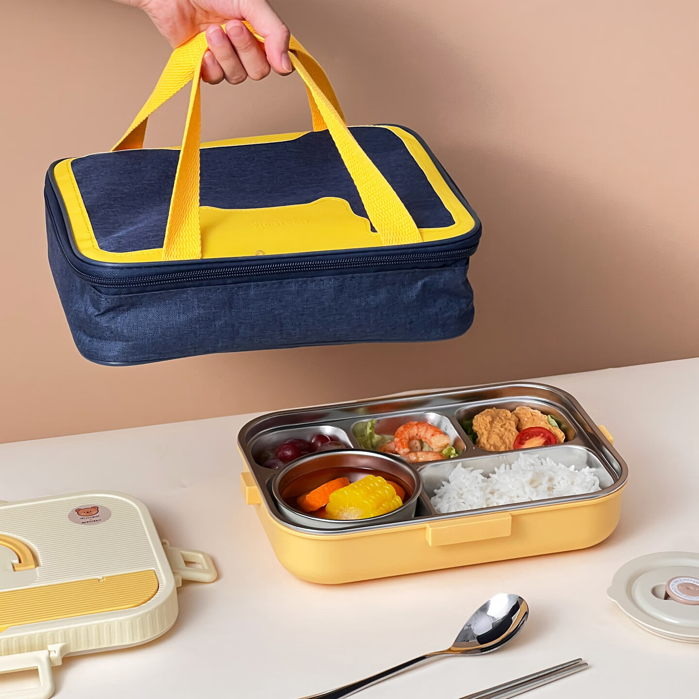 WORTHBUY 316 Stainless Steel Insulated Lunch Box Kids Cartoon Portable Compartmentalized Bento Box Tableware Set Cheese Yellow 5 Compartments + Bag