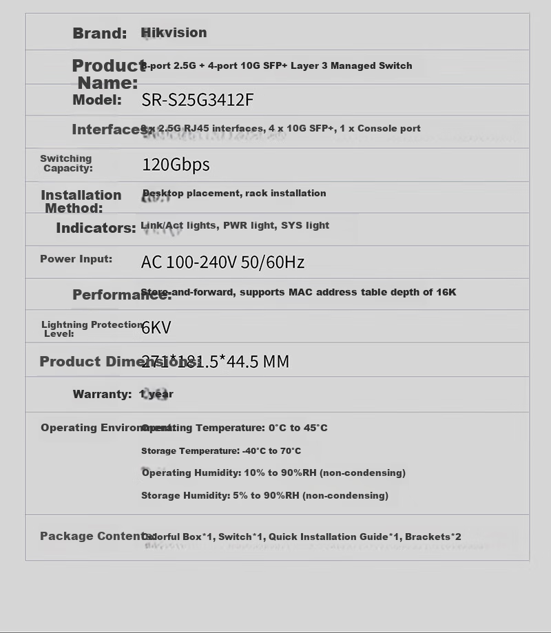 Xiliweishi 2.5G Gigabit Switch, 8 Ports 2.5G Electrical + 4 Ports 10G Optical, Plug-And Cat5e, Layer 3 Managed Switch, VLAN Segmentation, LACP Link Aggregation 10G, SR-S25G3412F 11