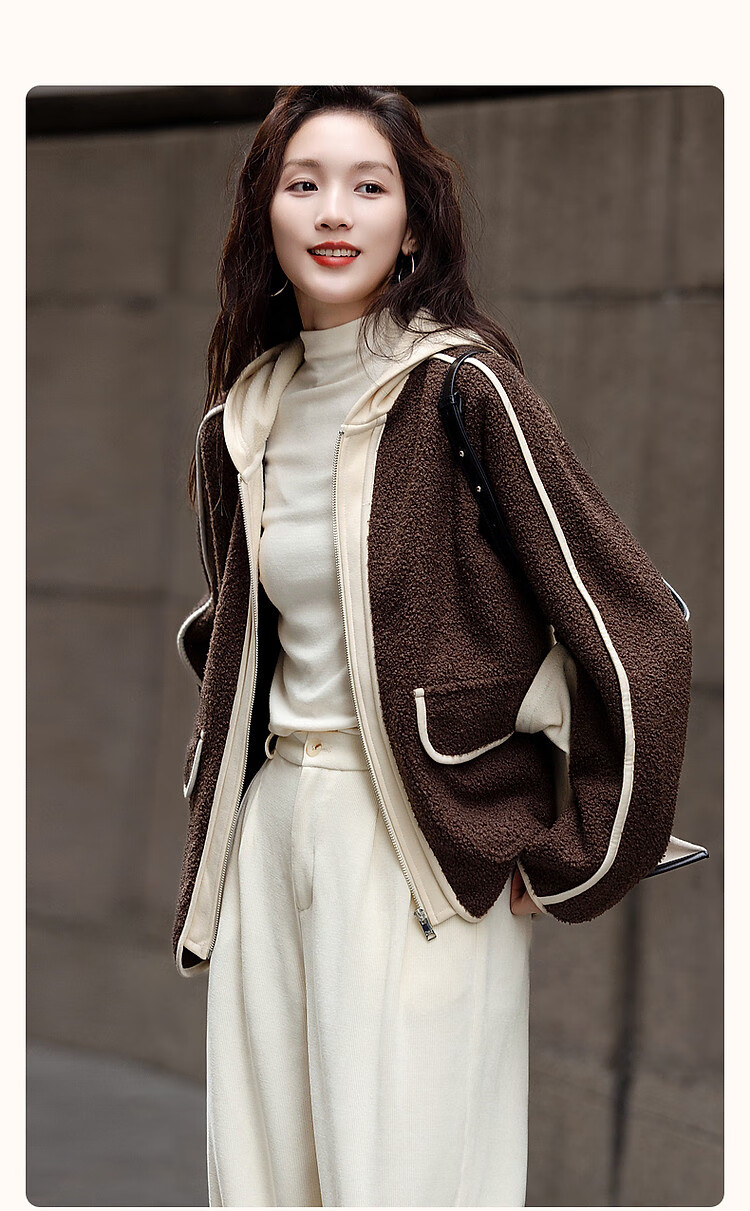 Demana Twilight Traveler Winter Urban Sports Hooded Eco-Friendly Colorblock Faux Shearling Patchwork Slimming Women's Short Jacket 2