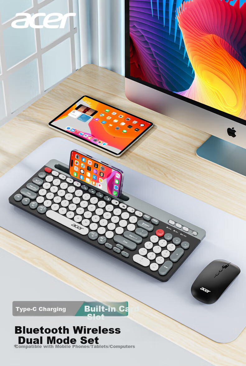 Acer Wireless Keyboard And Mouse Combo, Bluetooth Tri-Mode Silent Office Rechargeable Long Battery Life Mechanical Feel Compatible with Desktop Computers, Laptops, Mac Tablets, And Smartphones 1