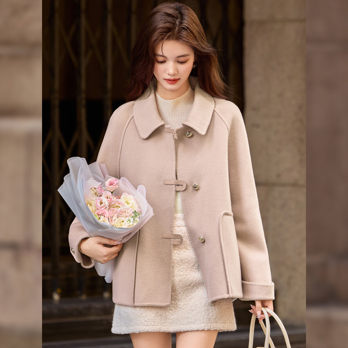 Bailuyu Lapel Full Wool Double-Sided Felt 25 Winter New Straight Slim Short Coat Jacket Women Almond Color S