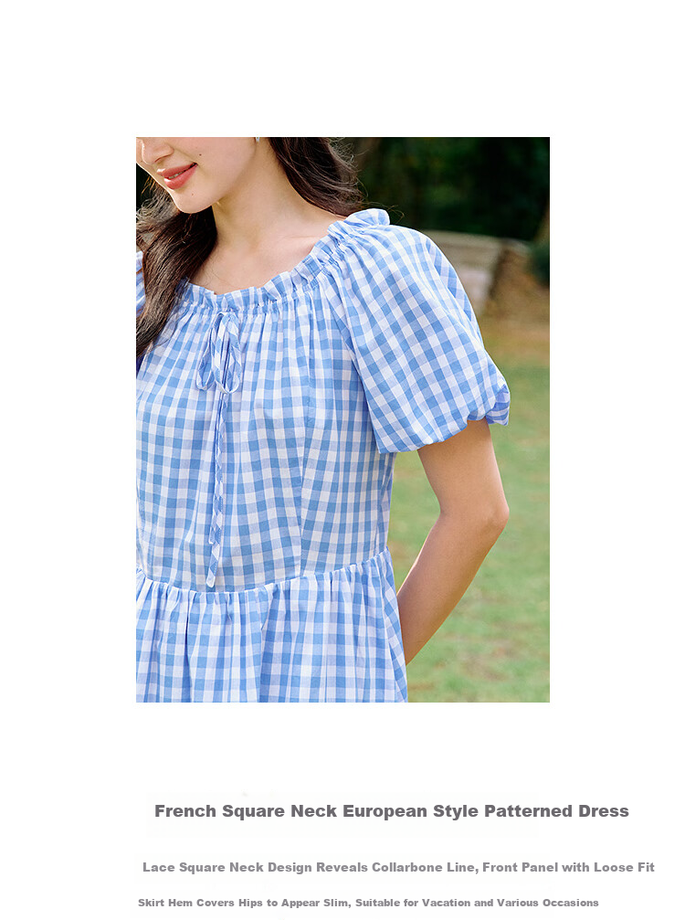 INMAN French Plaid Dress Summer Women's Versatile Puff Sleeve A-Line Skirt Navy Blue S 23