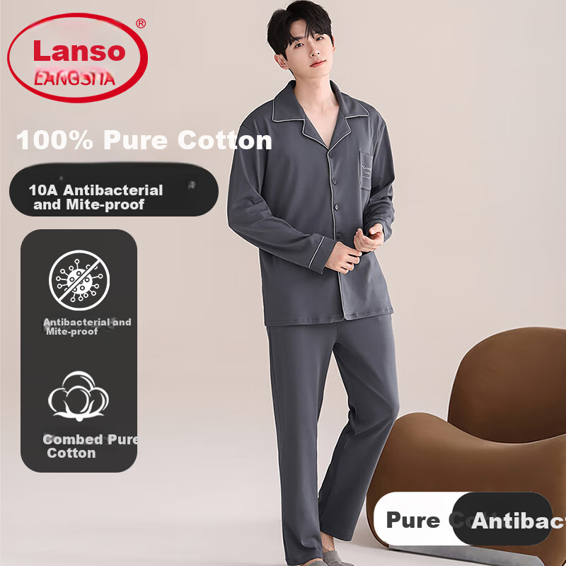 Мужская пижама LangSha, комплект из 100% хлопка, антибактериальная, с длинными рукавами и лацканами, подходит для улицы, больших размеров