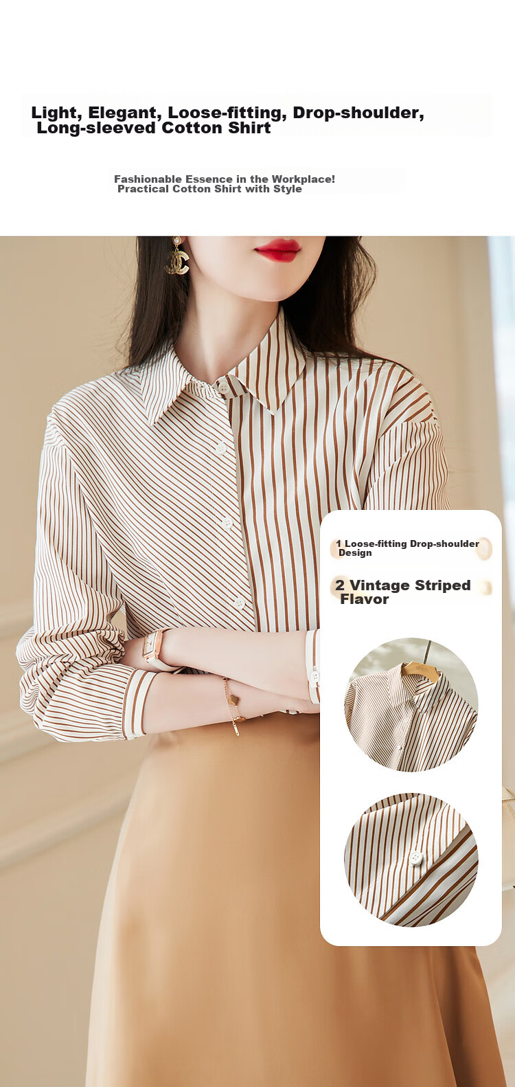Dme [Stylish Intellectual] Spring And Autumn Free Simple Striped Patchwork Shirt, Comfortable Cotton-Blend Slimming Blouse 3