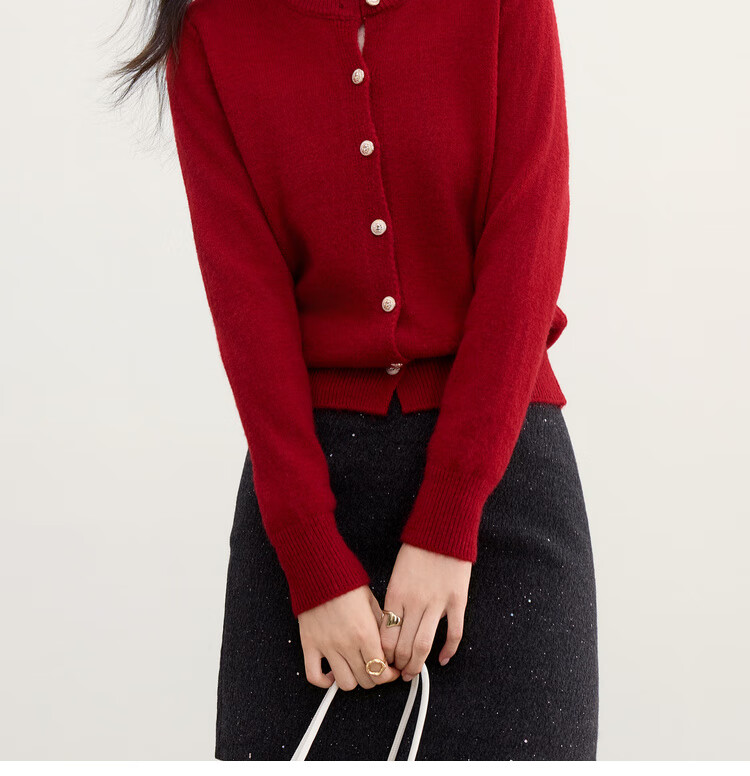 Sentubila Elegant Commuter Crew Neck Knit Sweater Women Autumn Soft Elastic Warm Thick Sweater Color Block Metal Button Long Sleeve Cardigan 22
