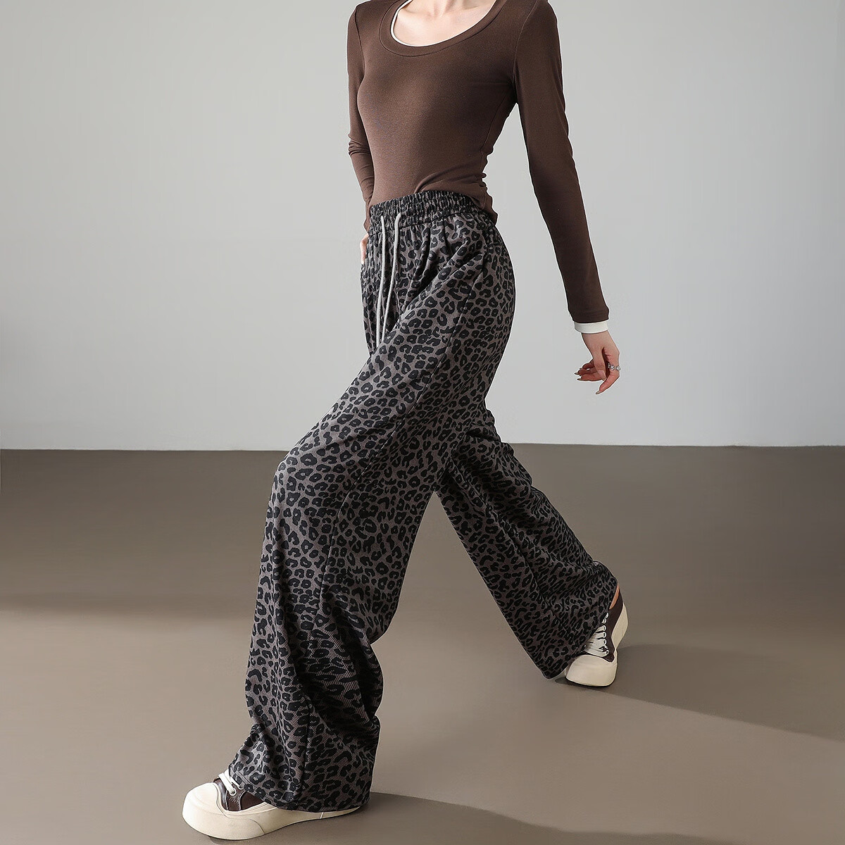 Demana Pear-Shaped Pitfall Guide Spring High Street Leopard Print Comfortable Elastic Waist Draped Straight-Leg Women's Casual Pants