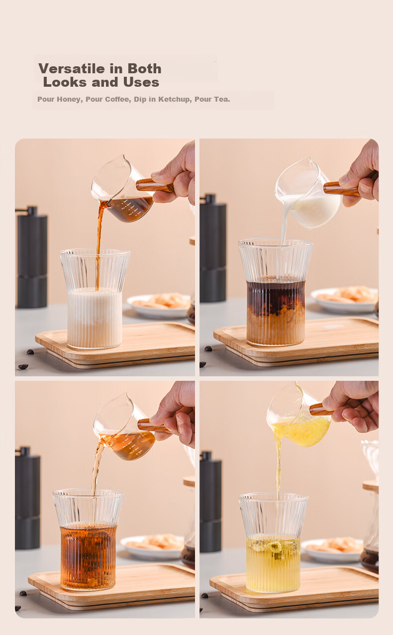 CLITON Japanese Style Wooden Handle Glass Milk Jug Heat-Resistant Measuring Cup Latte Art Cup with Scale Single Spout Milk Pitcher 75ml 7