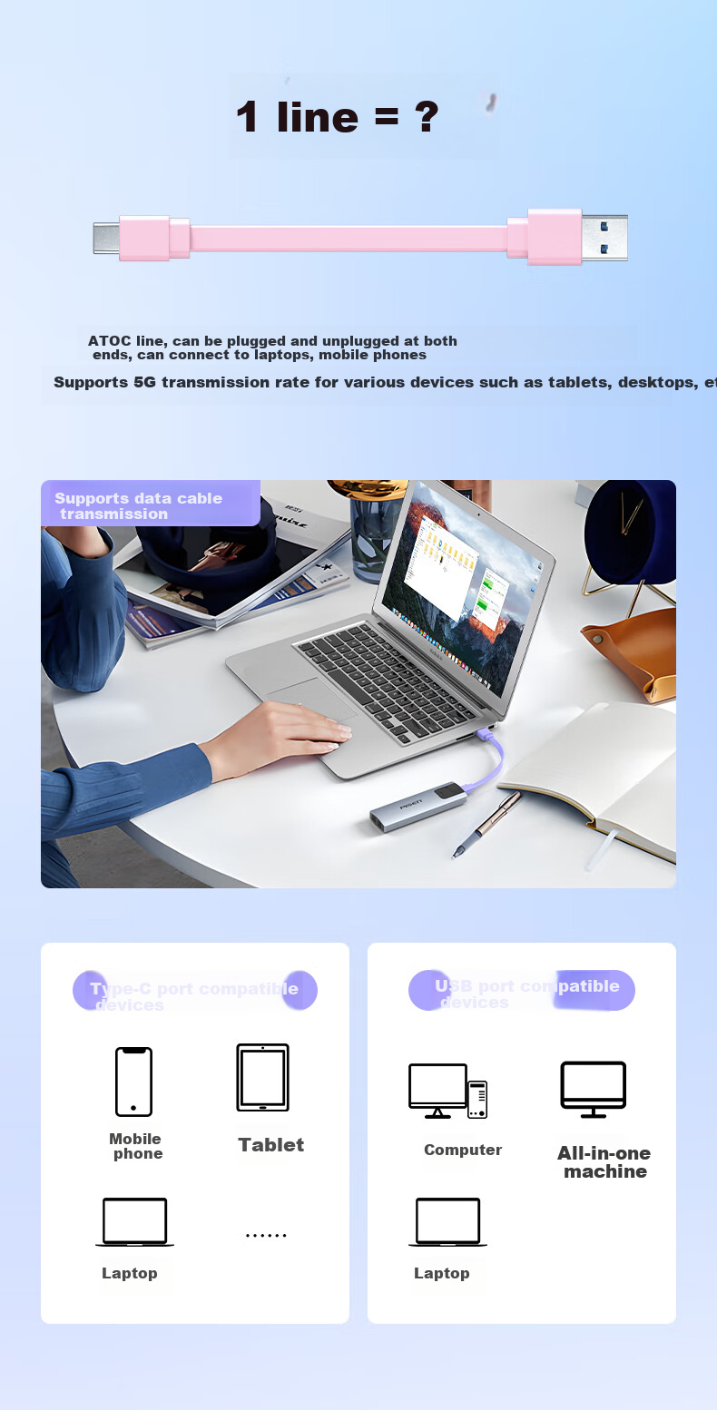 Pisen USB/Type-C Hub, 7-Port High-Speed Expansion Dock, HUB Splitter Extension Cable, One-To Expansion for Desktop Computers, Keyboard And Mouse Connectors with Hard Drive, Independent Control, 1m 9