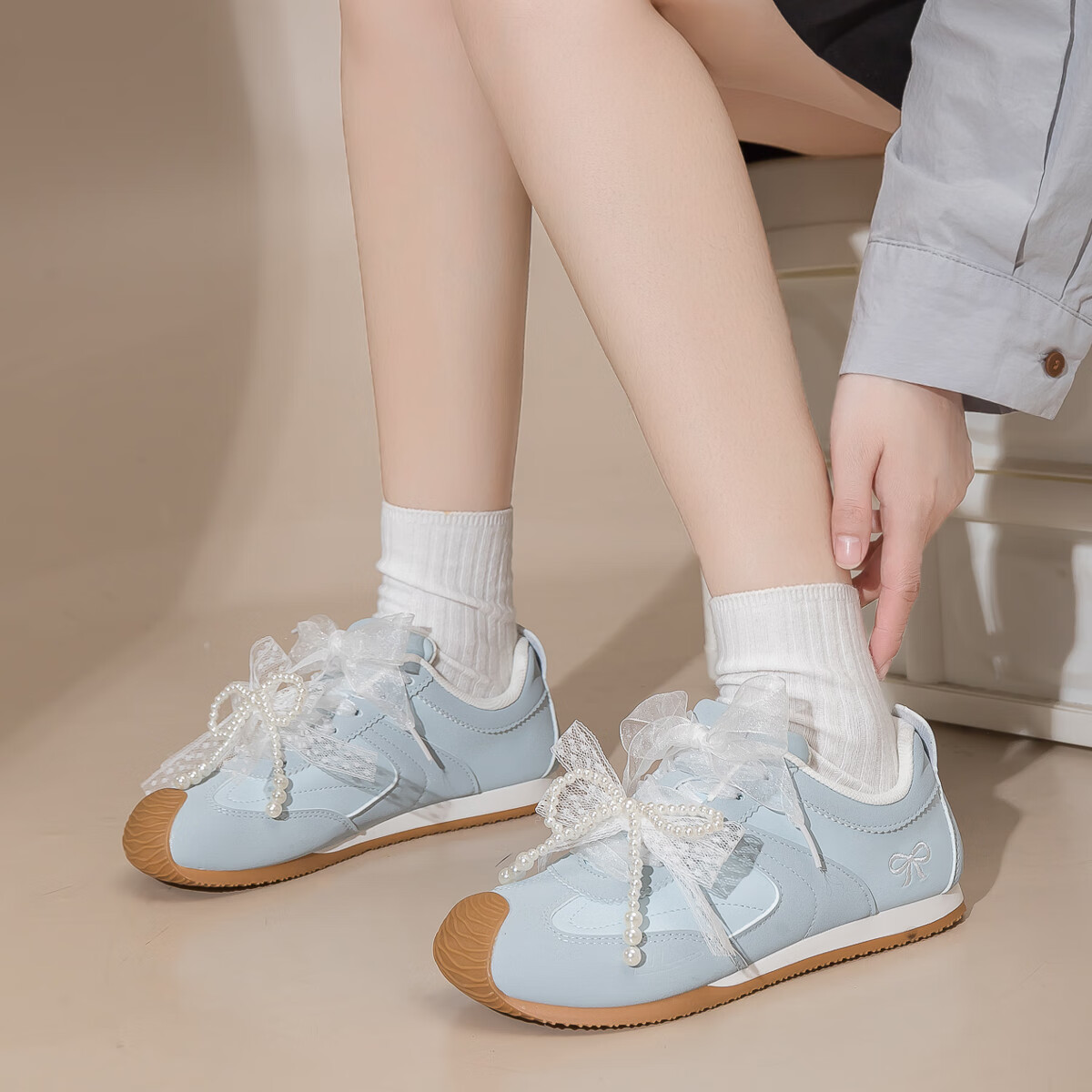 Huili Women's Shoes, Soft Sole Training Shoes, Leather Casual Sneakers WXY5238Z, Misty Blue (With Accessories), Size 37