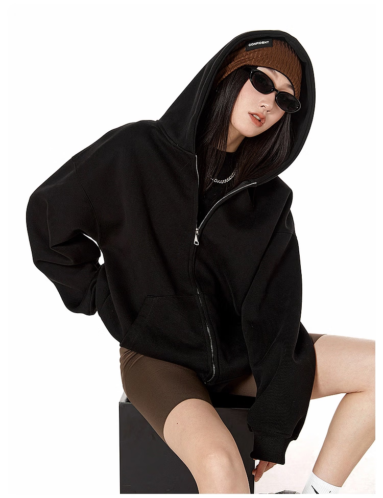 ICH MODE Fleece-Lined American Style Hoodie Jacket Women Autumn Winter Loose Fit Double Zipper Cardigan Lazy Long Sleeve Coat Black L 16