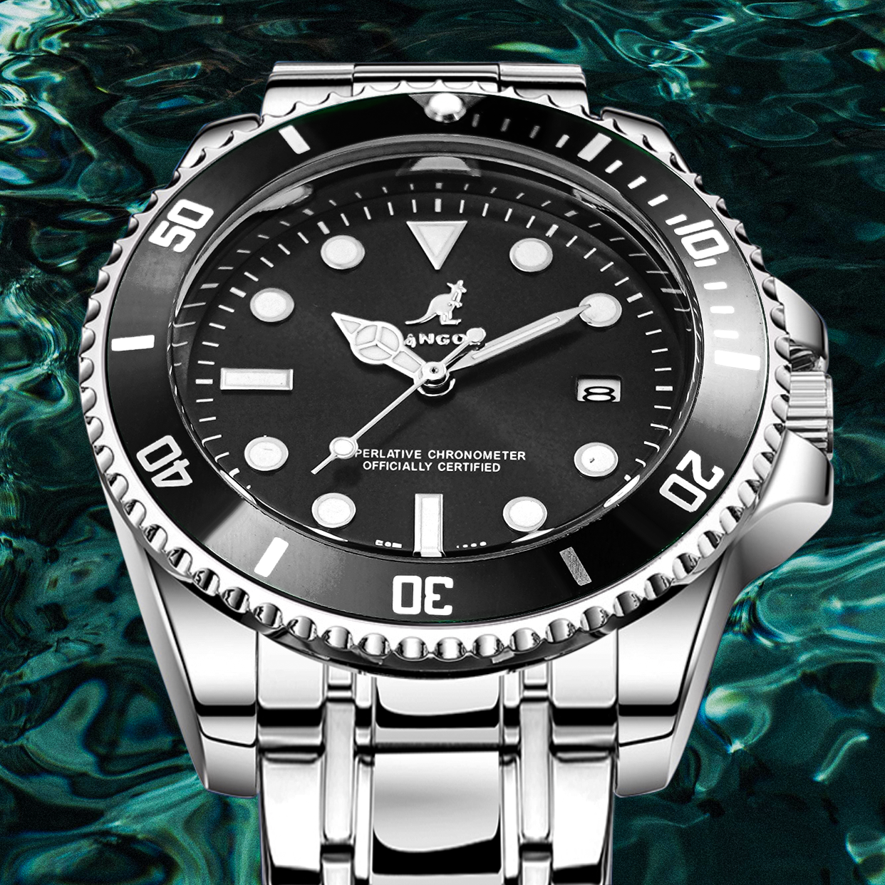 KANGOL Green Submariner Men's Luminous Waterproof Fashionable High-end Quartz Watch Steel Band Black 40mm