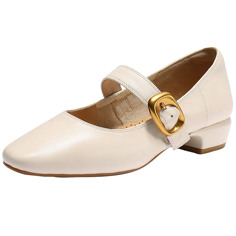 Senda Mary Jane Women's Small Leather Shoes JD Self-operated Lambskin Spring Autumn Commuting Chunky High Heel Single Shoes Off-white 35