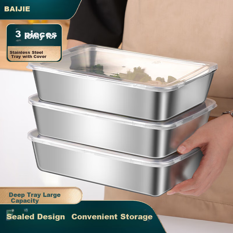 BJ 304 Extra Thick Stainless Steel Rectangular Tray, Serving Tray, Street Vending Tray, Cold Dish Tray, Barbecue Plate, Large Food Storage Container with Lid, Set of 3
