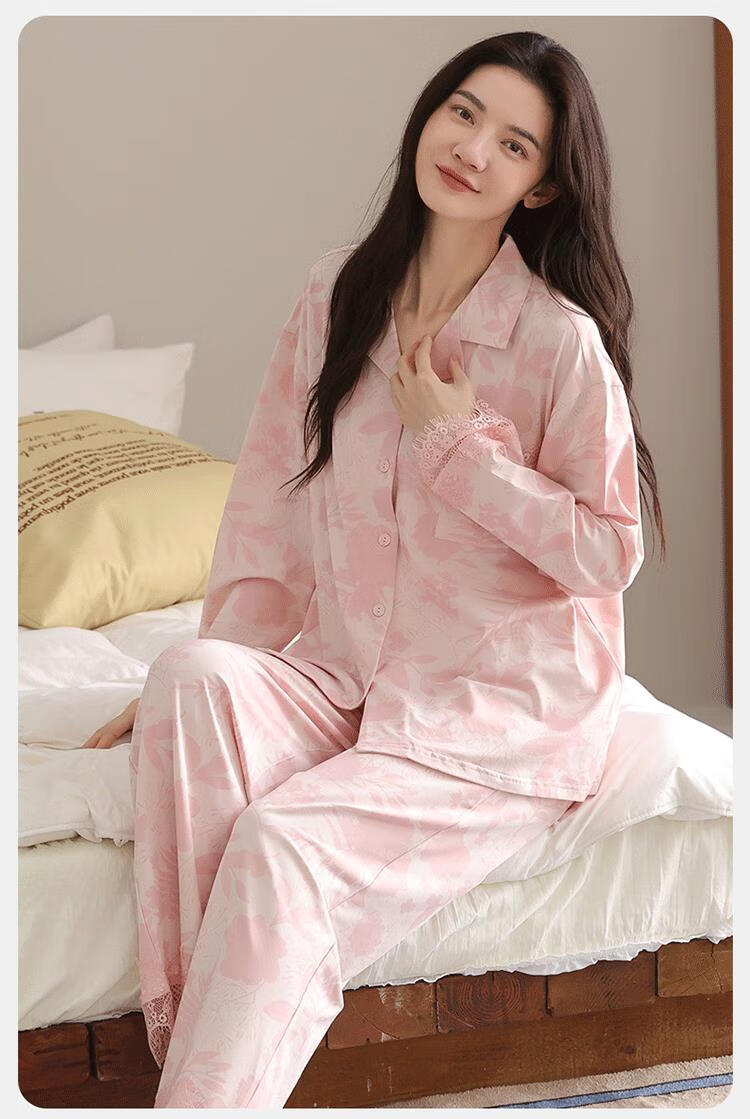 Ordifen Women's 100% Cotton Autumn Winter Long Sleeve Lapel Cardigan Pajamas Pink L 1