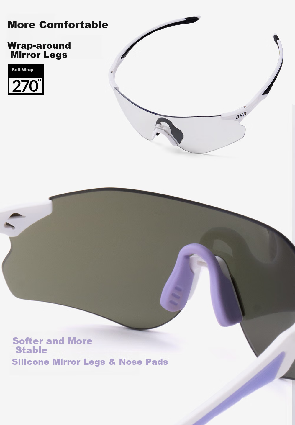 EVR Cycling Glasses with Transparent Smart Photochromic Lenses + Black And White Temple Arms 12