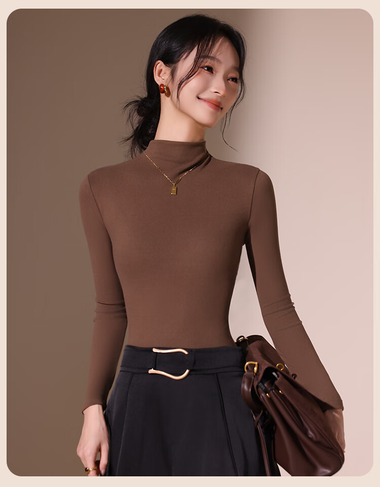 Urban Beauty Camellia Moisturizing Semi-Turtleneck Fleece-Lined Long Sleeve Base Layer Top for Women Autumn Winter High Elastic Soft Inner Wear 15