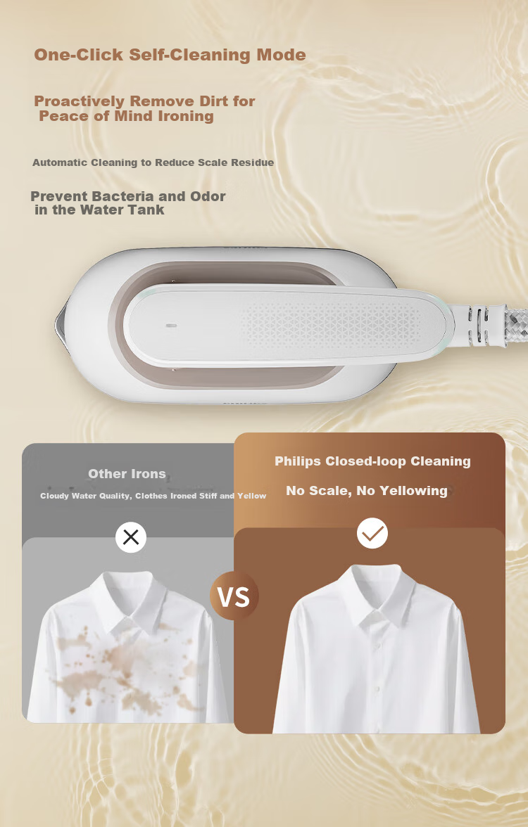 PHILIPS Desktop Space-Saving Iron, Handheld Home Small Garment Steamer, Maximum Steam Output 84g/min, 1L Bean-Shaped Iron STE0950/70, Peach Steam Bag 23