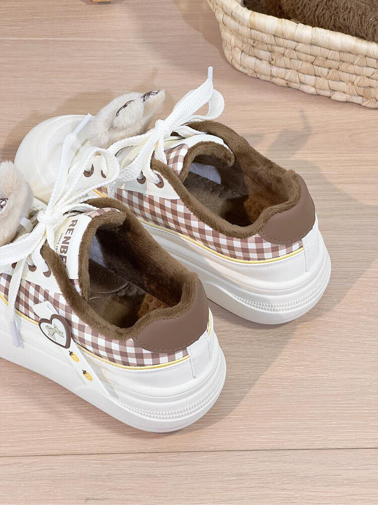Renben Fleece-Lined Women's Cartoon White Shoes Winter New Cotton Shoes Thick Sole Casual Shoes Khaki Cotton Shoes Size 39 4
