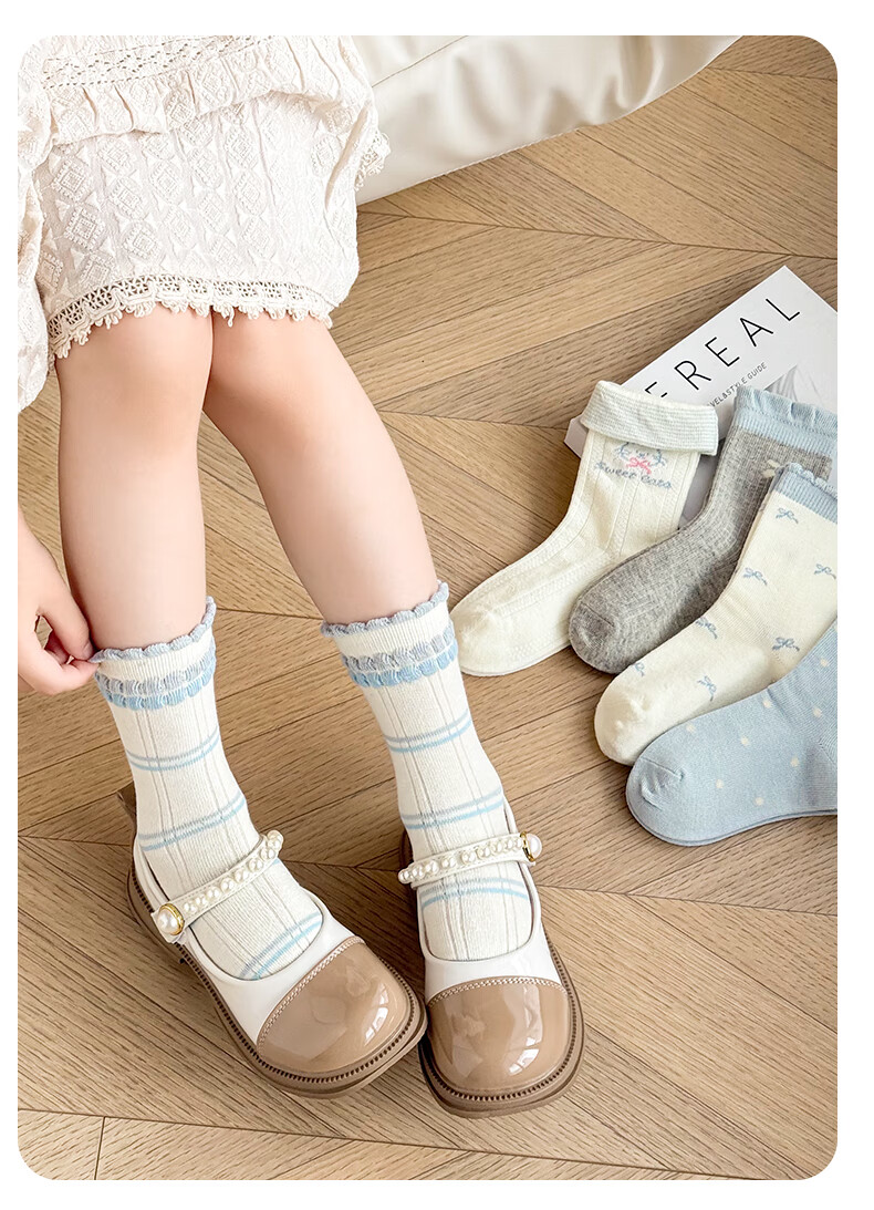 Five Cotton Flowers 5 Pairs Children's Girls' Spring Autumn Thin Cotton Mid-Calf Socks Seamless Antibacterial Odor-Resistant Durable Mid-Calf Socks 3